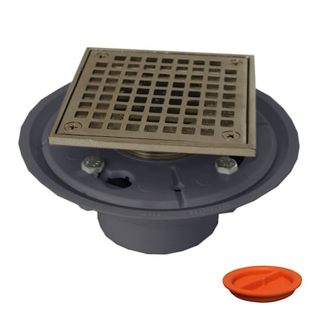 Jones Stephens 2inX3in PVC Shower Drain, 2in Brass Spud, 4-1/4in Square Brushed Nickel Strainer, Grout Ring D5094BNTP